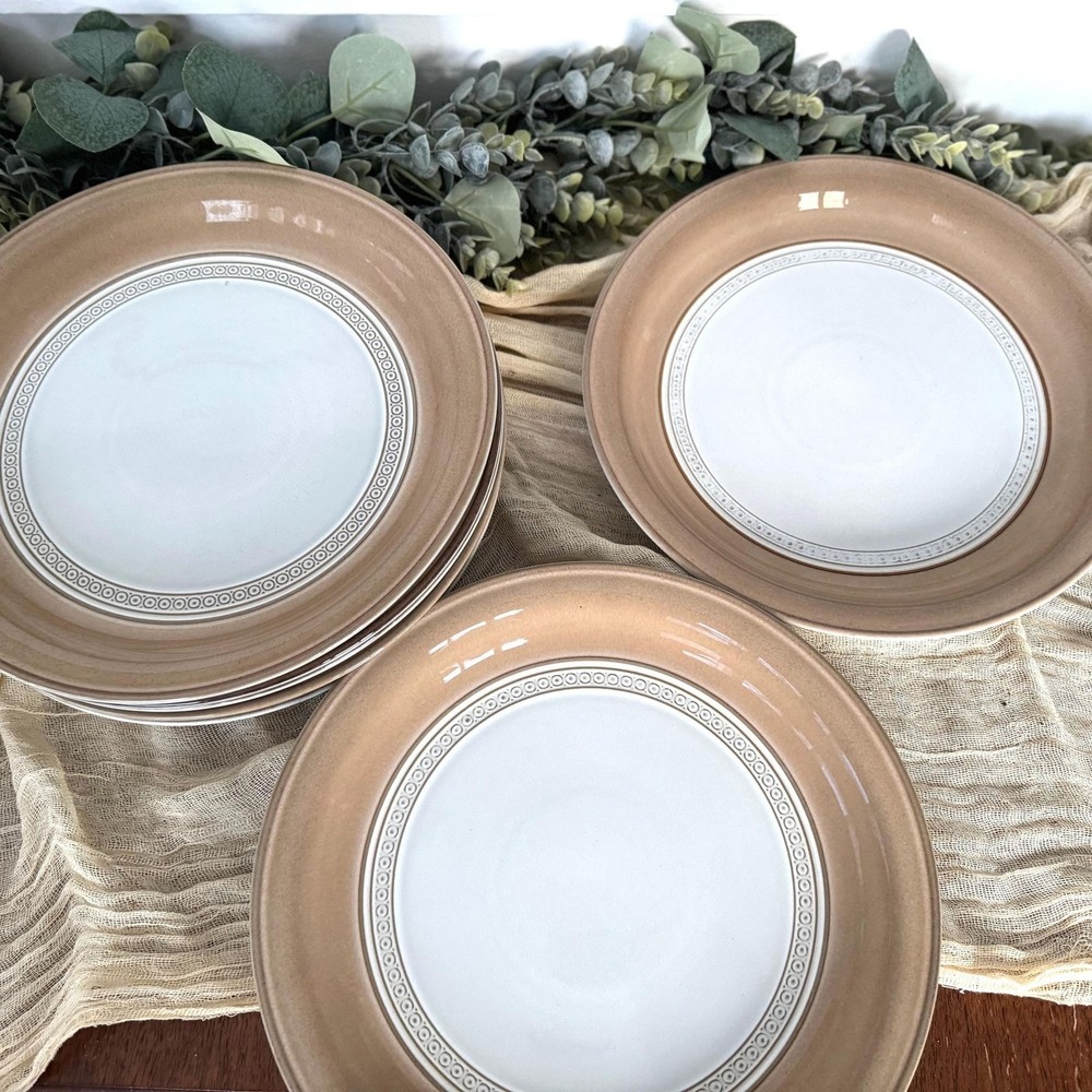 7 Denby Langley Seville dinner Plates Vintage renaissance '75 Tan Cream Pottery‎